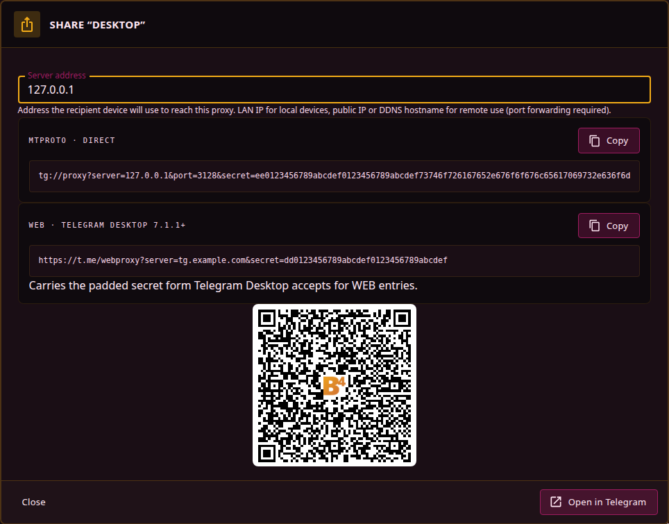 The share dialog, with the direct and WEB links side by side