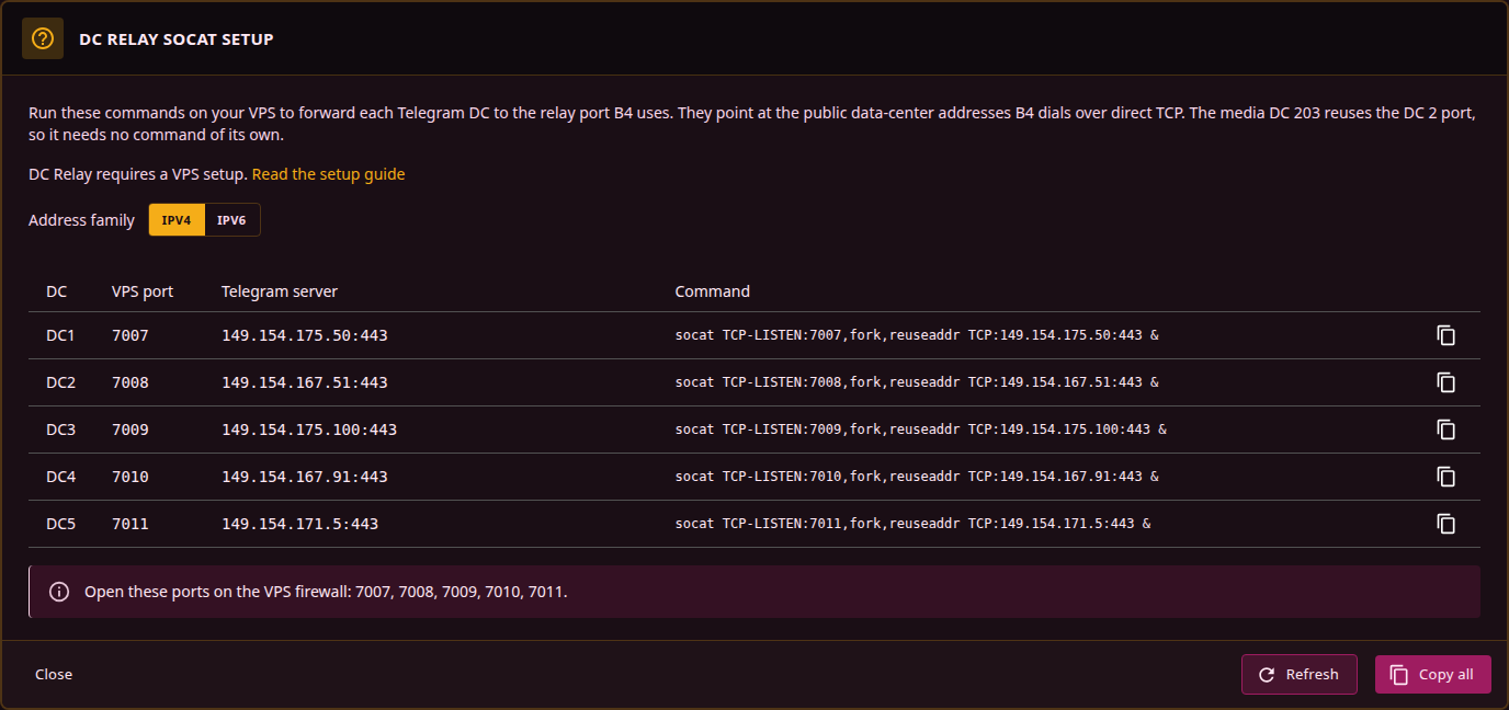 The DC Relay socat setup dialog