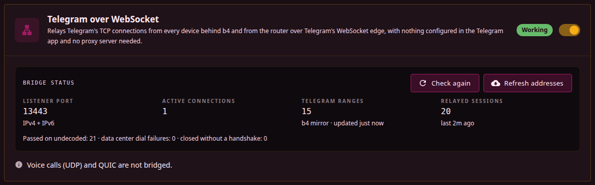 The Telegram over WebSocket card