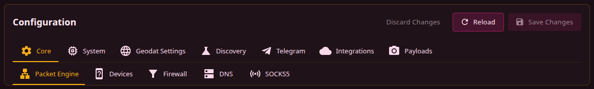 The settings header with the tabs and the sub-tabs of Core