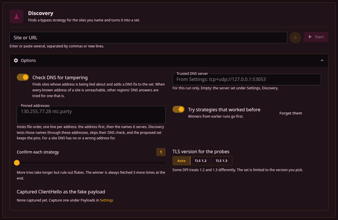 Discovery input and options