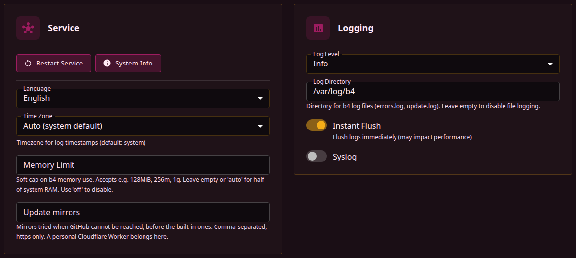 The Service sub-tab with the Service and Logging cards