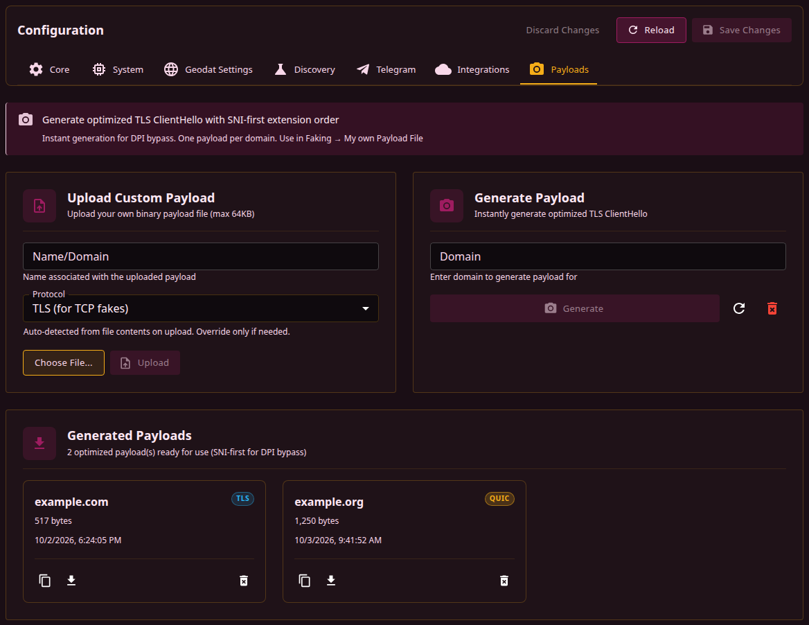 The Payloads tab