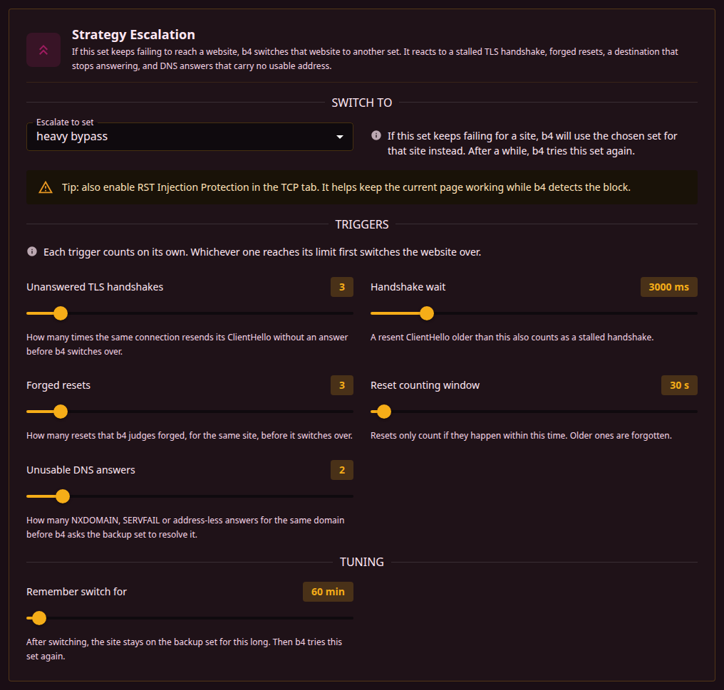 The Escalation tab of a set