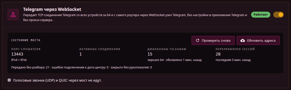 Карточка «Telegram через WebSocket»