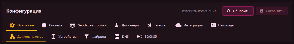Заголовок настроек с вкладками и подвкладками вкладки «Основные»