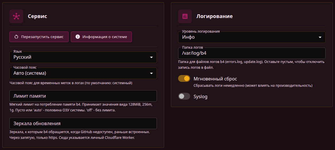 Подвкладка «Сервис» с карточками «Сервис» и «Логирование»